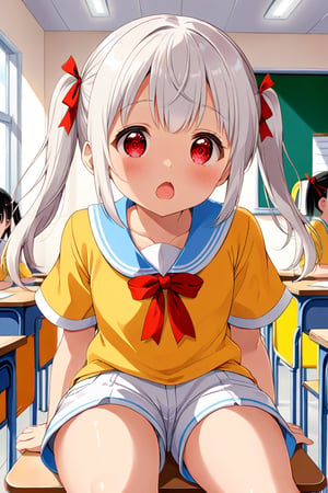 loli , surprise face, white hair, red_eyes, twintails, down_view, classroom, yellow shirt, white shorts, sitting