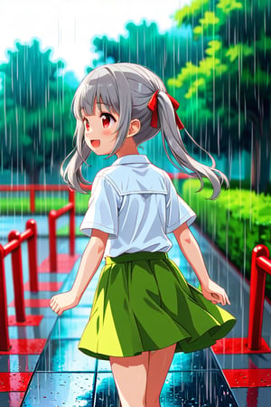 loli , happy face, twintails, gray hair, red_eyes, side_view, rain park, white shirt, green skirt, walking