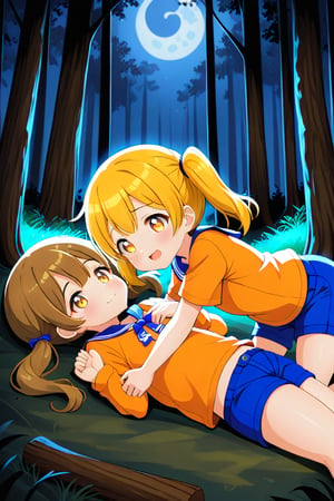 2_girls. loli hypnotized, happy_face, yellow_hair, brown hair, side_view, twin_tails, yellow_eyes, night forest, scout, orange shirt, blue short pants, lying, hugging