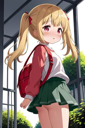 loli, lewd face, yellow hair, red_eyes, twintails, down_view, gray garden, green skirt, white shirt, red sweater, pink backpack, 