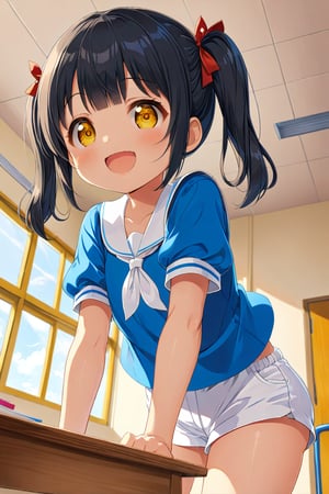 loli , happy face, black hair, yellow_eyes, twintails, down_view, classroom, blue shirt, white shorts, 