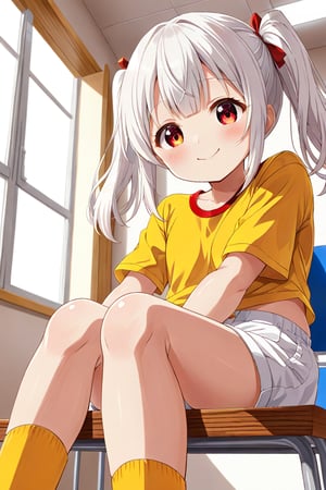 loli , happy face, white hair, red_eyes, twintails, down_view, classroom, yellow shirt, white shorts, sitting