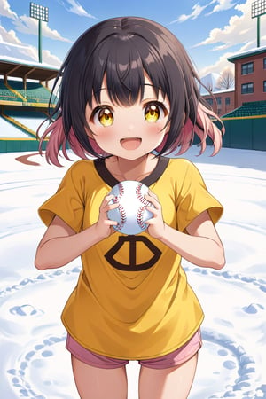 loli, happy face, black hair, yellow_eyes, front_view, snow baseball, pink hair, yellow shirt, brown yellow shorts, 