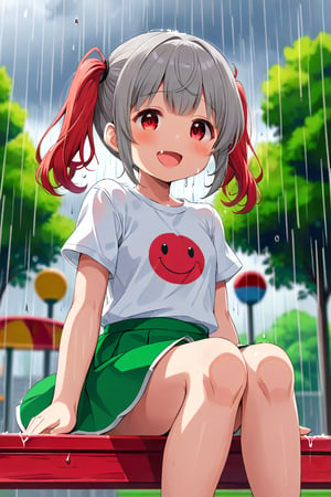 loli , happy face, twintails, gray hair, red_eyes, down_view, rain park, white shirt, green skirt, sitting, sticking_out_tongue, 