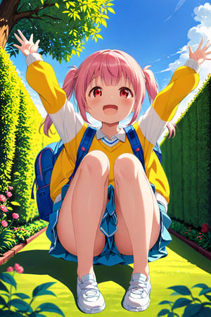 loli, happy face, pink hair, red_eyes, twintails, down_view, green garden, blue skirt, white shirt, yellow sweater, blue backpack, sitting, legs_spread, sticking_out_tongue, arms_raised, 