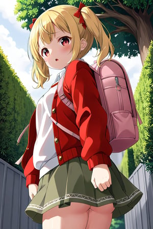 loli, lewd face, yellow hair, red_eyes, twintails, down_view, gray garden, green skirt, white shirt, red sweater, pink backpack, 