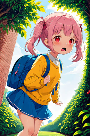 loli, lewd face, pink hair, red_eyes, twintails, down_view, green garden, blue skirt, white shirt, yellow sweater, blue backpack, sticking_out_tongue