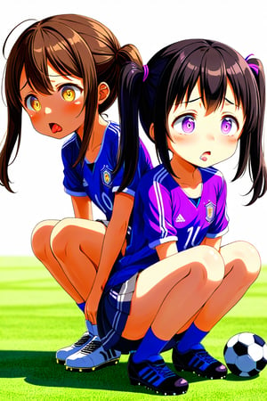 2_girls. loli hypnotized, sad_face, black_hair, brown hair, side_view, twin_tails, yellow_eyes, soccer, purple shirt, gray skirt, sticking_out_tongue, crouched, open_legs