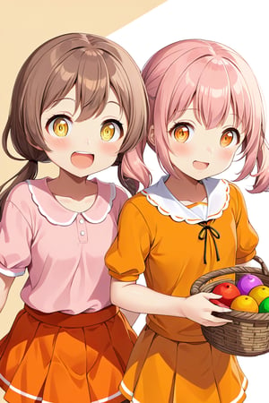 2_girls. loli hypnotized, happy_face, pink_hair, brown hair, front_view, twin_tails, yellow_eyes, basket, orange shirt, orange skirt, 