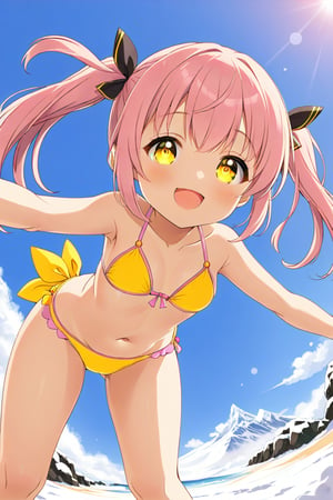 loli, happy face,  yelloe pink hair, twin_tails, yellow_eyes, down_view, snow beach, yellow bikini