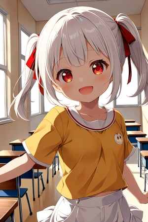 loli , happy face, white hair, red_eyes, twintails, down_view, classroom, yellow shirt, white shorts, 