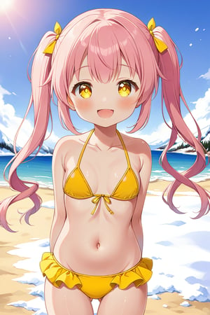 loli, happy face,  yelloe pink hair, twin_tails, yellow_eyes, front_view, snow beach, yellow bikini