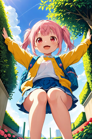 loli, happy face, pink hair, red_eyes, twintails, down_view, green garden, blue skirt, white shirt, yellow sweater, blue backpack, sitting, legs_spread, sticking_out_tongue, arms_raised, 