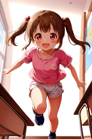 loli , happy face, brown hair, red_eyes, twintails, down_view, classroom, pink shirt, white shorts, running