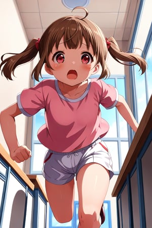 loli , surprise face, brown hair, red_eyes, twintails, down_view, classroom, pink shirt, white shorts, running