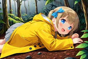 loli , happy face, twintails, yellow brown hair, blue_eyes, side_view, rain forest, white shirt, gray skirt, yellow raincoat, sticking_out_tongue, lying down