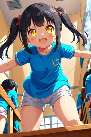 loli , happy face, black hair, yellow_eyes, twintails, down_view, classroom, blue shirt, white shorts, climbing