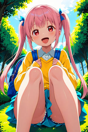 loli, happy face, pink hair, red_eyes, twintails, down_view, green garden, blue skirt, white shirt, yellow sweater, blue backpack, sitting, legs_spread, sticking_out_tongue