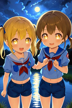 2_girls. loli hypnotized, happy_face, yellow_hair, brown hair, front_view, twin_tails, yellow_eyes, night lake, scout, blue shirt, blue short pants, 