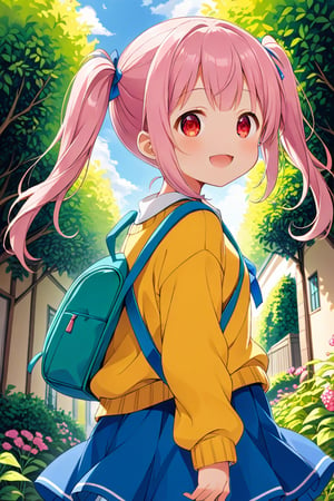 loli, happy face, pink hair, red_eyes, twintails, down_view, green garden, blue skirt, white shirt, yellow sweater, blue backpack