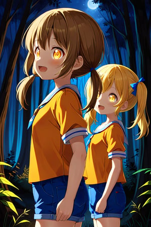 2_girls. loli hypnotized, happy_face, yellow_hair, brown hair, side_view, twin_tails, yellow_eyes, night forest, scout, orange shirt, blue short pants, 