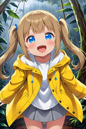 loli , happy face, twintails, yellow brown hair, blue_eyes, down_view, rain forest, white shirt, gray skirt, yellow raincoat, sticking_out_tongue