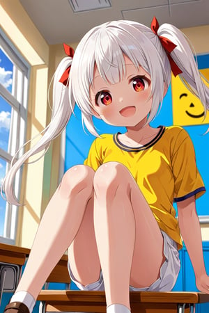 loli , happy face, white hair, red_eyes, twintails, down_view, classroom, yellow shirt, white shorts, sitting