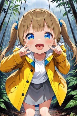 loli , happy face, twintails, yellow brown hair, blue_eyes, down_view, rain forest, white shirt, gray skirt, yellow raincoat, sticking_out_tongue