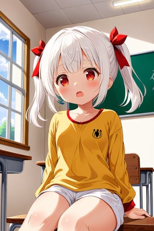 loli , surprise face, white hair, red_eyes, twintails, down_view, classroom, yellow shirt, white shorts, sitting