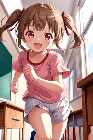 loli , happy face, brown hair, red_eyes, twintails, down_view, classroom, pink shirt, white shorts, running