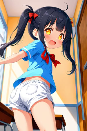 loli , surprise face, black hair, yellow_eyes, twintails, down_view, classroom, blue shirt, white shorts, climbing