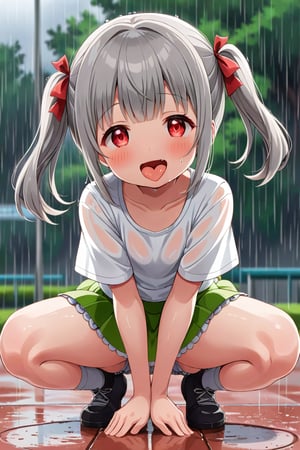 loli , happy face, twintails, gray hair, red_eyes, front_view, rain park, white shirt, green skirt, squatting, sticking_out_tongue, leg_spread, bloomers 