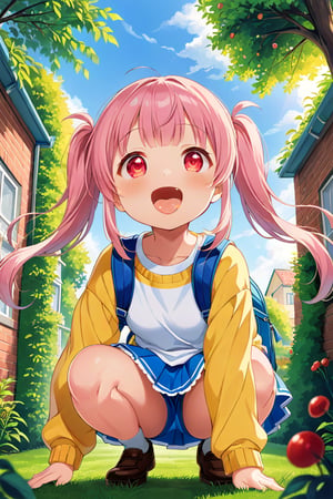 loli, happy face, pink hair, red_eyes, twintails, down_view, green garden, blue skirt, white shirt, yellow sweater, blue backpack, squatting, sticking_out_tongue, arms_raised, 