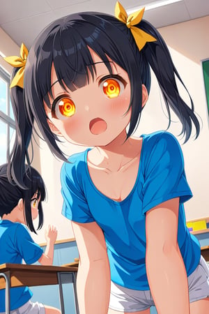 loli , surprise face, black hair, yellow_eyes, twintails, down_view, classroom, blue shirt, white shorts, 