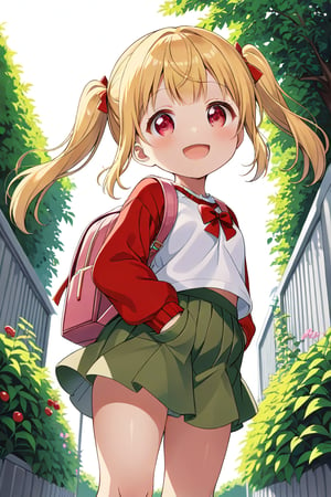 loli, happy face, yellow hair, red_eyes, twintails, down_view, gray garden, green skirt, white shirt, red sweater, pink backpack, 