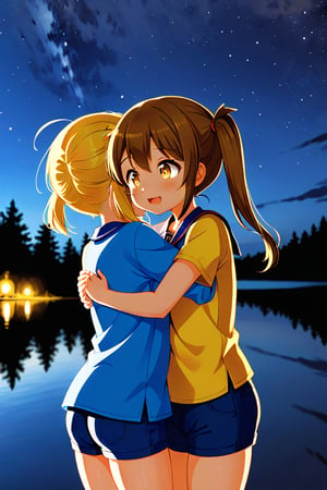 2_girls. loli hypnotized, happy_face, yellow_hair, brown hair, side_view, twin_tails, yellow_eyes, night lake, scout, blue shirt, blue short pants, hugging