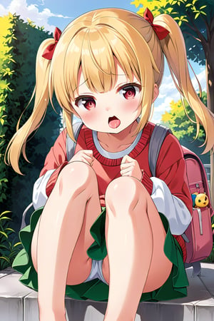 loli, lewd face, yellow hair, red_eyes, twintails, down_view, gray garden, green skirt, white shirt, red sweater, pink backpack, sitting, legs_spread, sticking_out_tongue