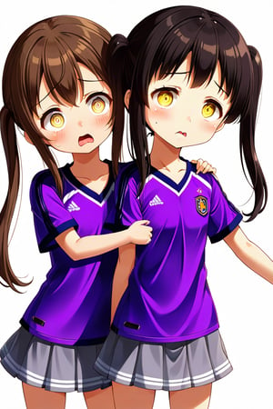 2_girls. loli hypnotized, sad_face, black_hair, brown hair, side_view, twin_tails, yellow_eyes, soccer, purple shirt, gray skirt, sticking_out_tongue, hugging
