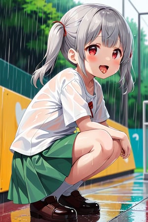 loli , happy face, twintails, gray hair, red_eyes, side_view, rain park, white shirt, green skirt, squatting, sticking_out_tongue, leg_spread