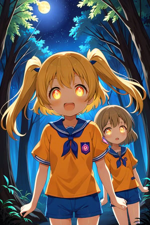 2_girls. loli hypnotized, happy_face, yellow_hair, brown hair, front_view, twin_tails, yellow_eyes, night forest, scout, orange shirt, blue short pants, 