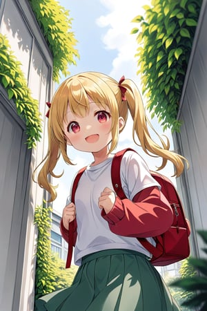 loli, happy face, yellow hair, red_eyes, twintails, down_view, gray garden, green skirt, white shirt, red sweater, pink backpack, 