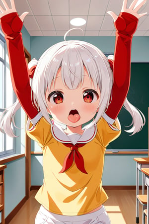 loli , surprise face, white hair, red_eyes, twintails, down_view, classroom, yellow shirt, white shorts, sticking_out_tongue, hands_raised