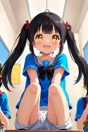 loli , happy face, black hair, yellow_eyes, twintails, down_view, classroom, blue shirt, white shorts, 