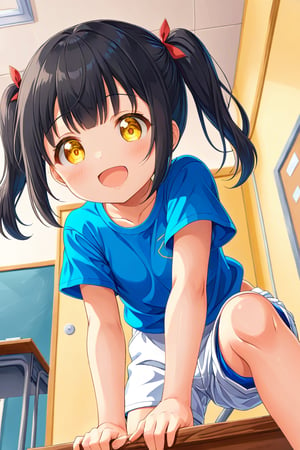 loli , happy face, black hair, yellow_eyes, twintails, down_view, classroom, blue shirt, white shorts, climbing