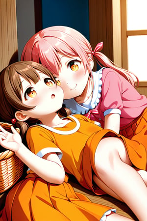 2_girls. loli hypnotized, happy_face, pink_hair, brown hair, side_view, twin_tails, yellow_eyes, basket, orange shirt, orange skirt, lying, kissing