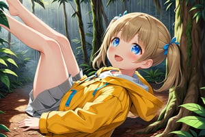 loli , happy face, twintails, yellow brown hair, blue_eyes, side_view, rain forest, white shirt, gray skirt, yellow raincoat, sticking_out_tongue, lying up, legs_open