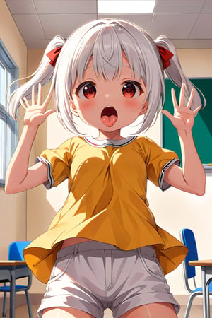 loli , surprise face, white hair, red_eyes, twintails, down_view, classroom, yellow shirt, white shorts, sticking_out_tongue, hands_raised