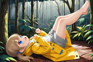 loli , happy face, twintails, yellow brown hair, blue_eyes, side_view, rain forest, white shirt, gray skirt, yellow raincoat, sticking_out_tongue, lying up, legs_open