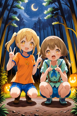 2_girls. loli hypnotized, happy_face, yellow_hair, brown hair, front_view, twin_tails, yellow_eyes, night forest, scout, orange shirt, blue short pants, squating, peace fingers, sticking_out_tongue