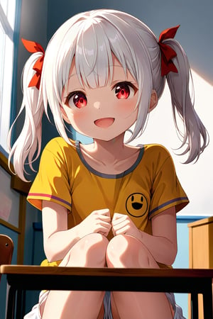 loli , happy face, white hair, red_eyes, twintails, down_view, classroom, yellow shirt, white shorts, sitting